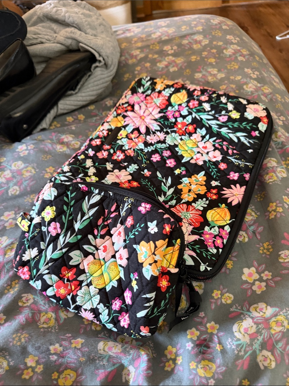 Vera Bradley Black Quilted Floral Organizer  laptop bag and pencil pouch Set